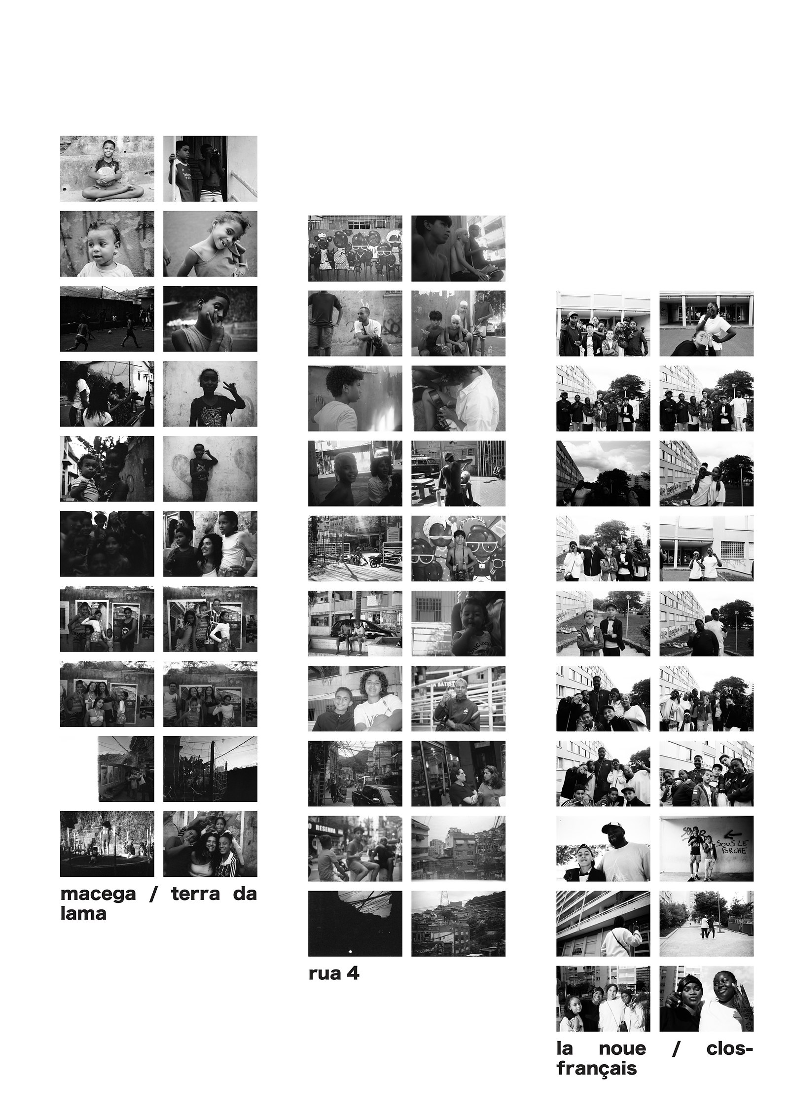 trois planches-contacts collées côte à côte, 2026 : macega / terra da lama · rua 4 · la noue / clos-français